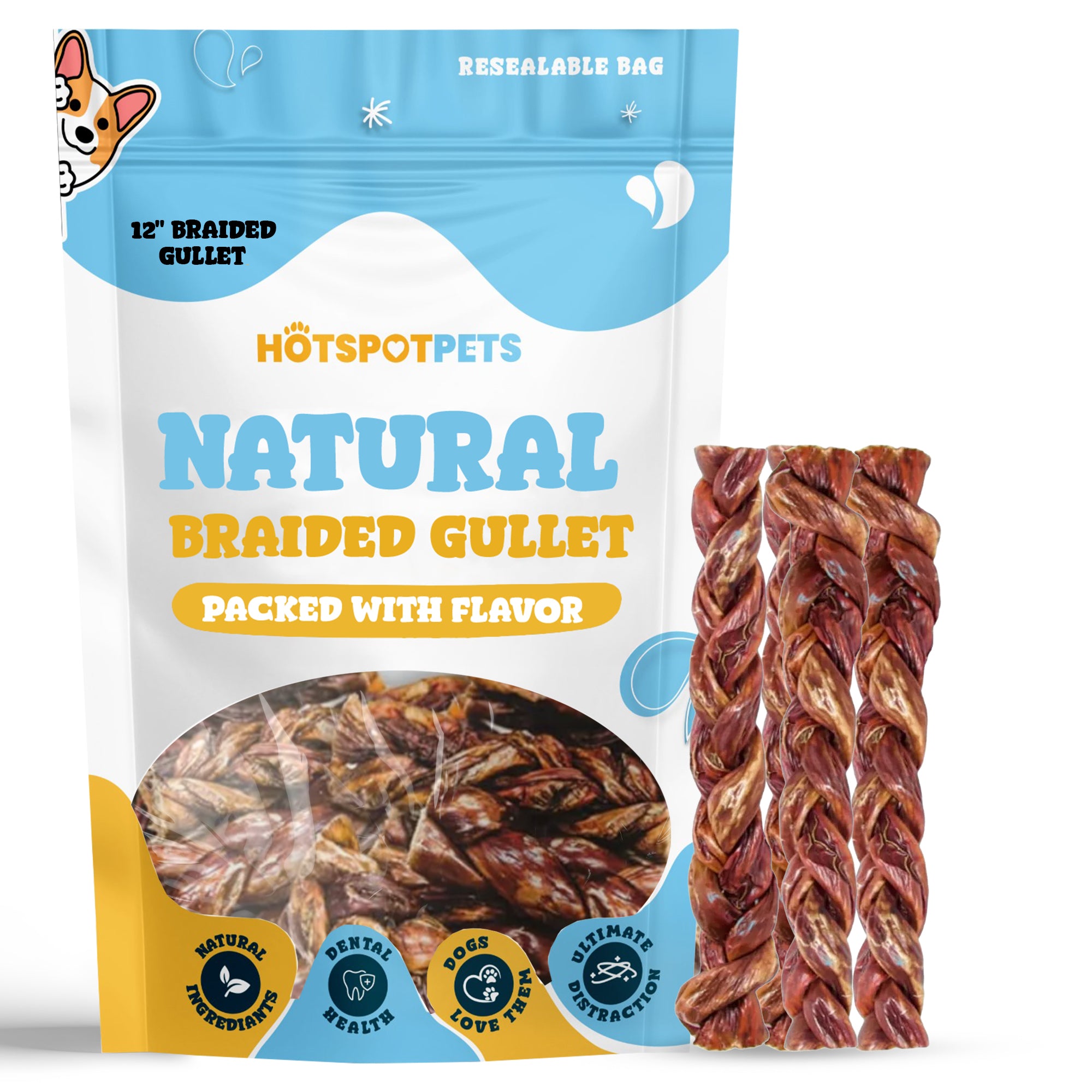 12" Braided Beef Esophagus Gullet Treats for Large & Extra Large Dogs