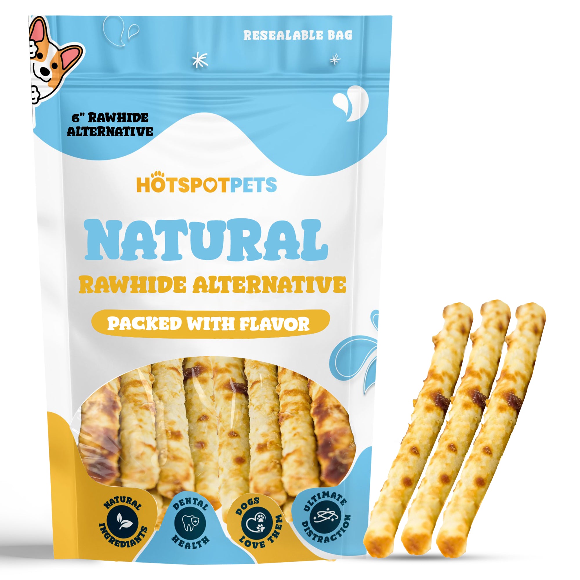 6" Rawhide Alternative Chicken or Beef Flavored Sticks for Small & Medium Dogs