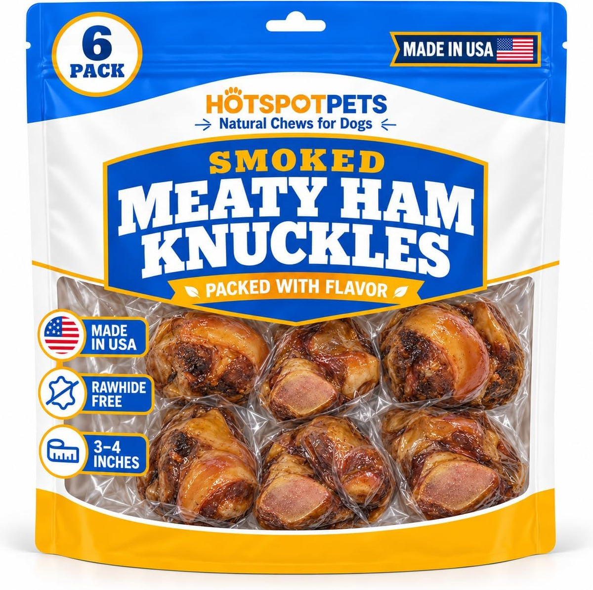 hotspot pets Smoked Ham Knuckles Bone Dog Treat, Made in USA - 3 Pack