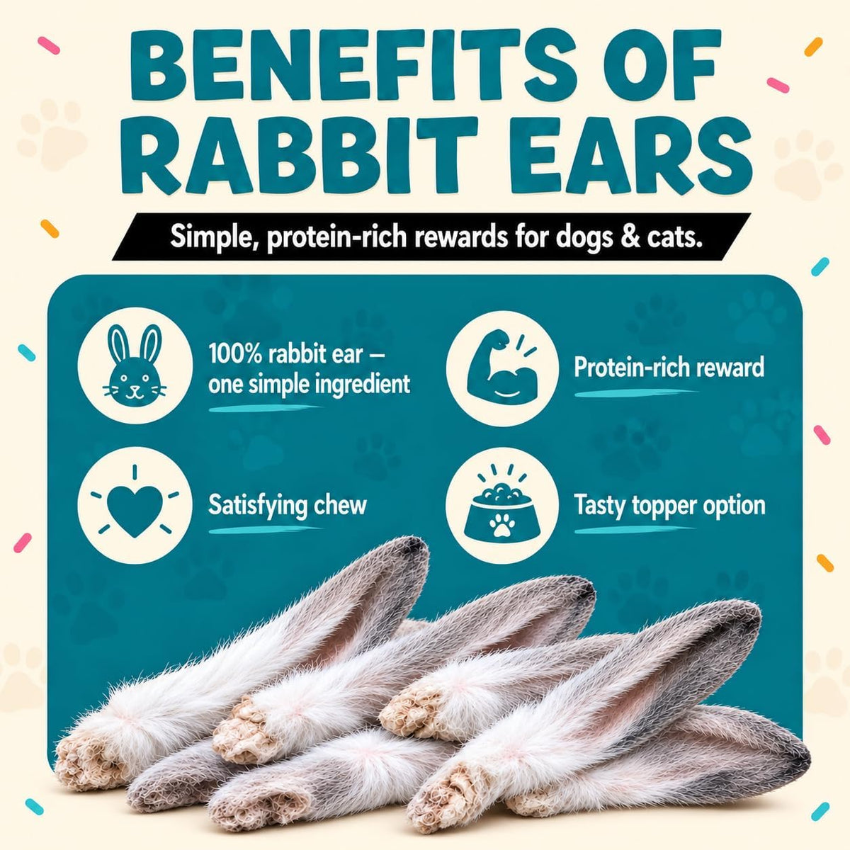 Freeze-Dried Rabbit Ears for Dogs (12-15 Ears) Single-Ingredient Treats, Rawhide-Free Natural Dog Chews with Fur – Novel Protein, Grain-Free, No Additives