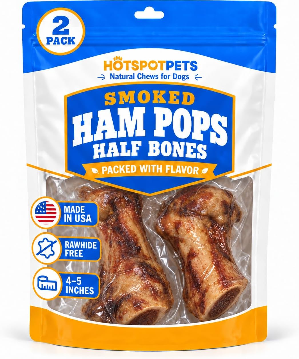 All Natural Smoked Pork Ham Pop Bones for Dogs Made in USA - 2 Count