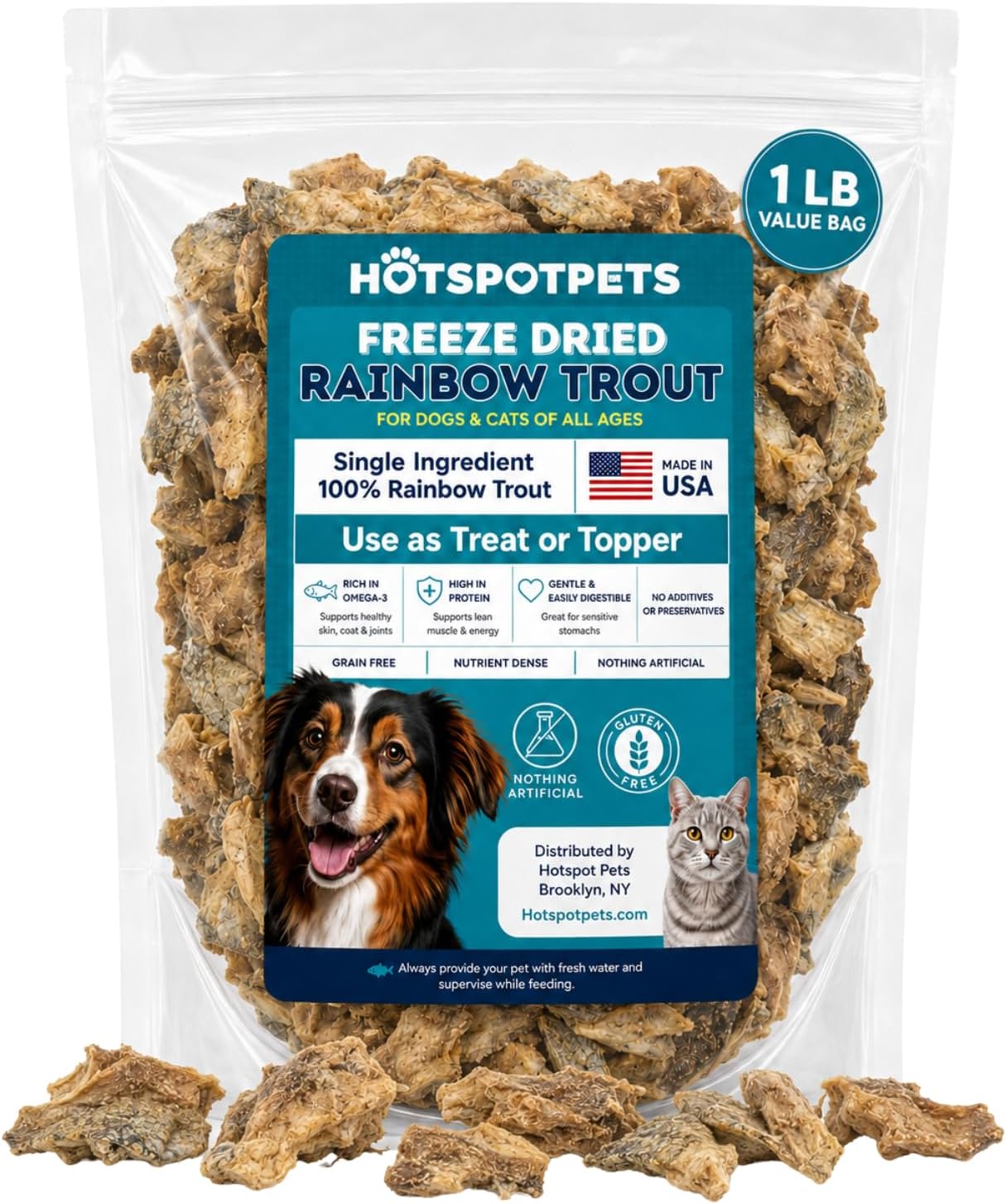 hotspot pets Freeze Dried Rainbow Trout Treats for Cats &amp; Dogs - Made in USA (1 Pound Value Bag) Single Ingredient, High Protein, All Natural, Grain-Free - Perfect for Training, Topper or Snack