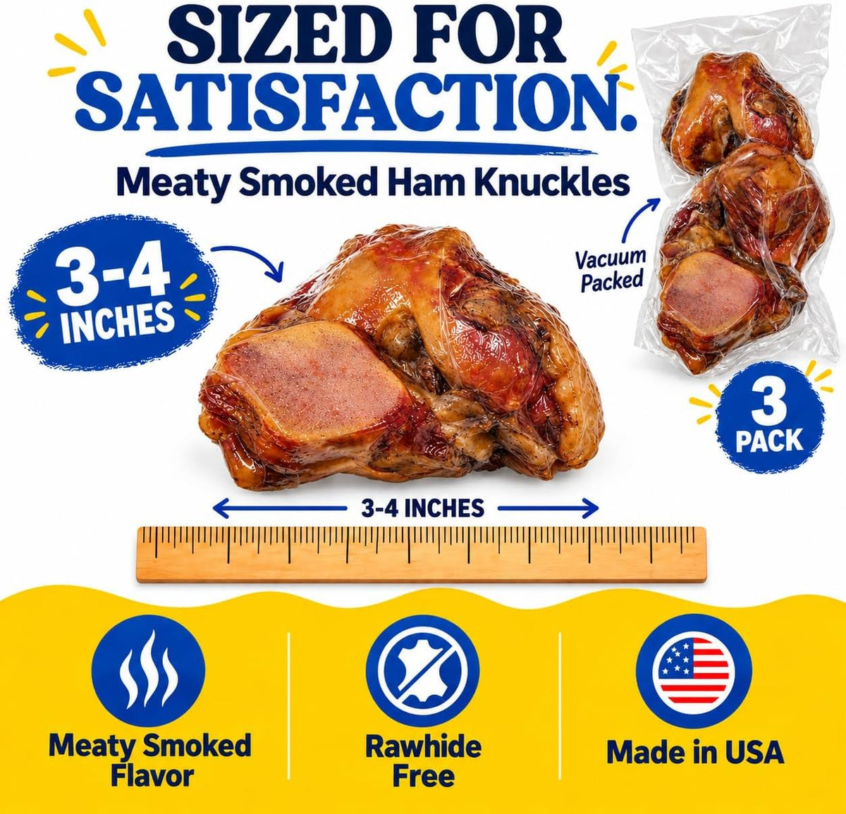 hotspot pets Smoked Ham Knuckles Bone Dog Treat, Made in USA - 3 Pack
