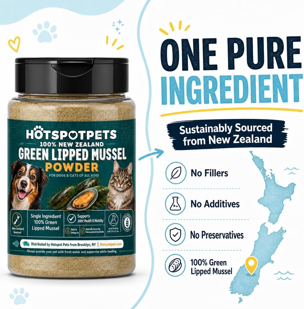 Green Lipped Mussel for Dogs and Cats, 75 Grams (250 Servings) 100% New Zealand Green Lipped Mussels for Hip &amp; Joints, Helps with Arthritis, Joint Pain Relief