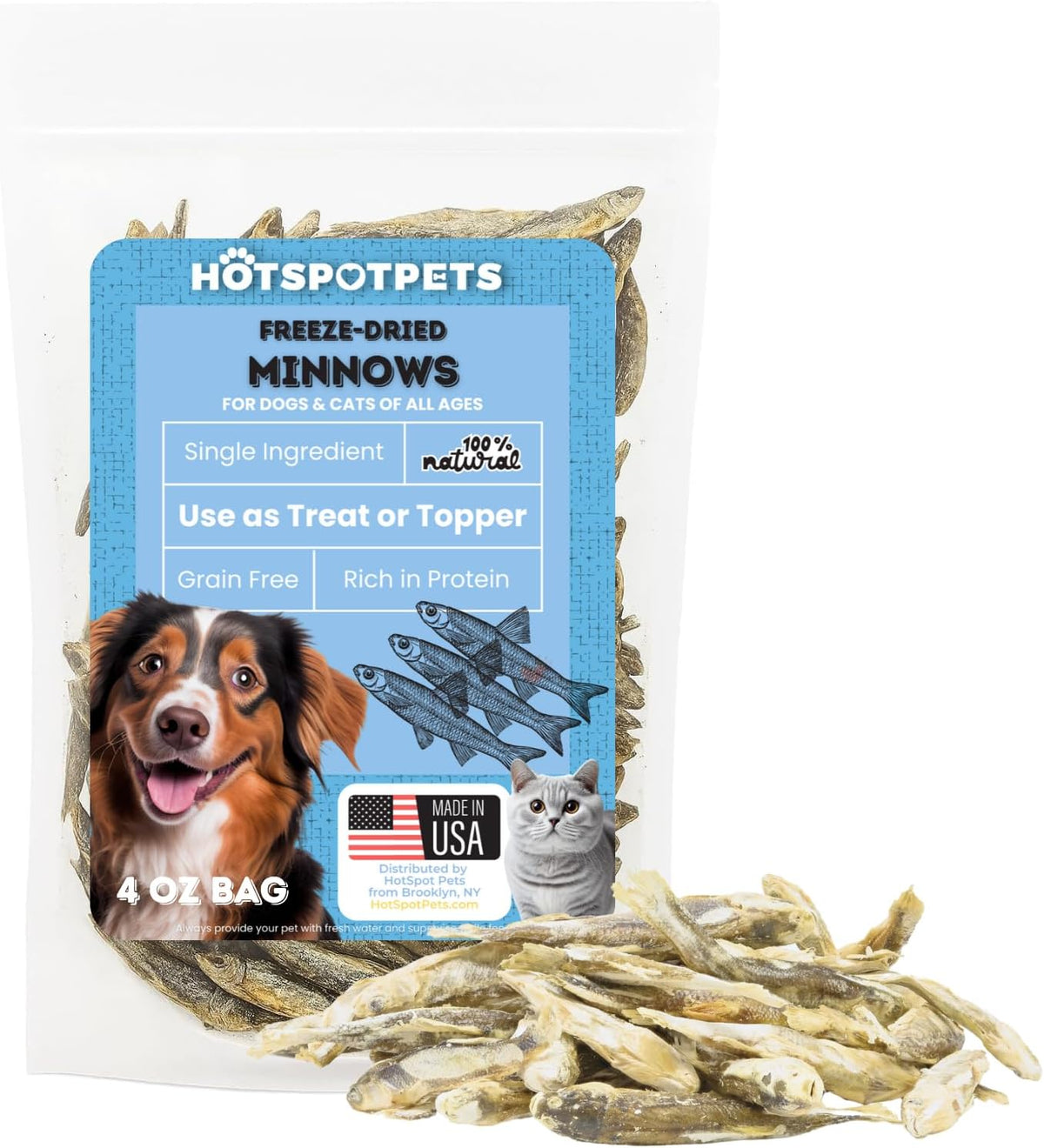 Freeze-Dried Minnows for Cats &amp; Dogs – 100% Natural Single Ingredient Snack – High Protein, Grain-Free, Raw Diet Dog Treats – Omega-3 Fish – No Additives or Preservatives Minnows for Cats (2 Ounce)