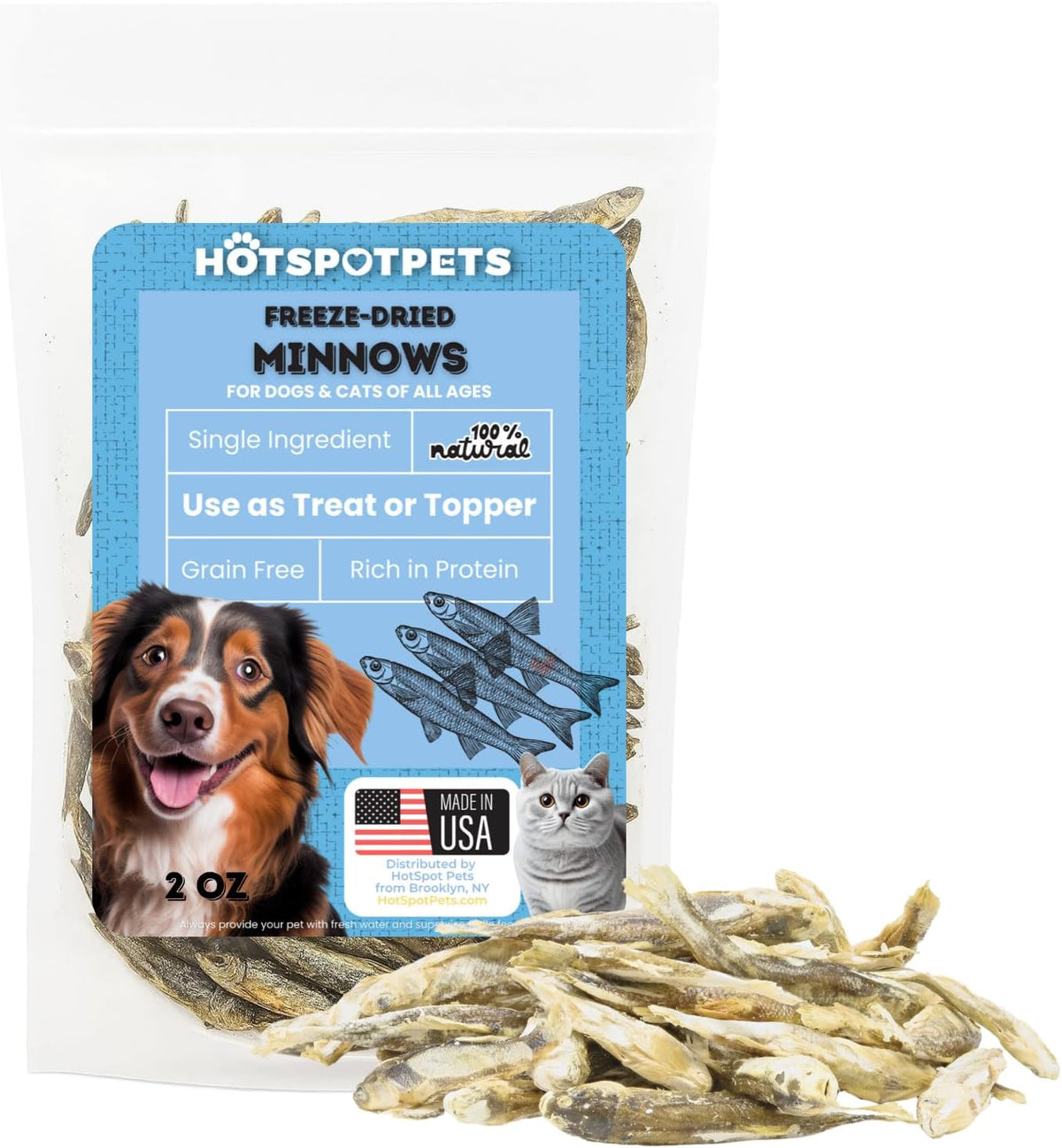 Freeze-Dried Minnows for Cats &amp; Dogs – 100% Natural Single Ingredient Snack – High Protein, Grain-Free, Raw Diet Dog Treats – Omega-3 Fish – No Additives or Preservatives Minnows for Cats (2 Ounce)