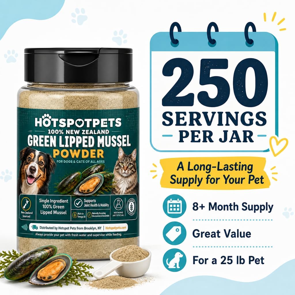 Green Lipped Mussel for Dogs and Cats, 75 Grams (250 Servings) 100% New Zealand Green Lipped Mussels for Hip &amp; Joints, Helps with Arthritis, Joint Pain Relief