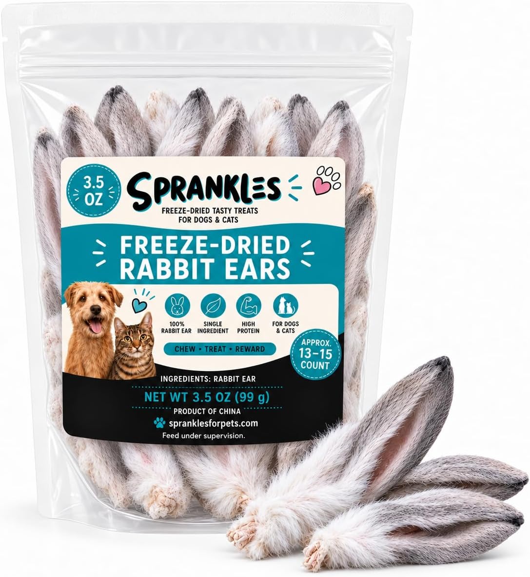 Freeze-Dried Rabbit Ears for Dogs (12-15 Ears) Single-Ingredient Treats, Rawhide-Free Natural Dog Chews with Fur – Novel Protein, Grain-Free, No Additives