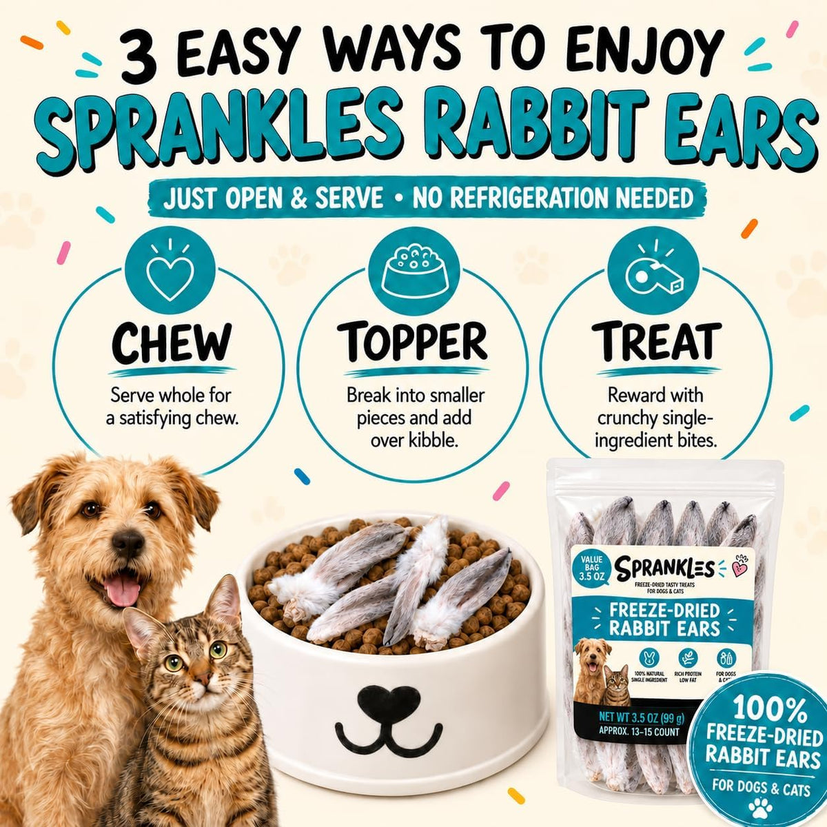 Freeze-Dried Rabbit Ears for Dogs (12-15 Ears) Single-Ingredient Treats, Rawhide-Free Natural Dog Chews with Fur – Novel Protein, Grain-Free, No Additives