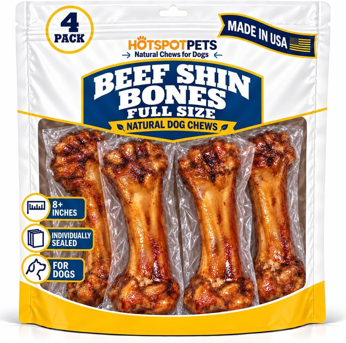 hotspot pets Meaty Beef Shin Bone Dog Treats 8” - Made in USA - 2 Count