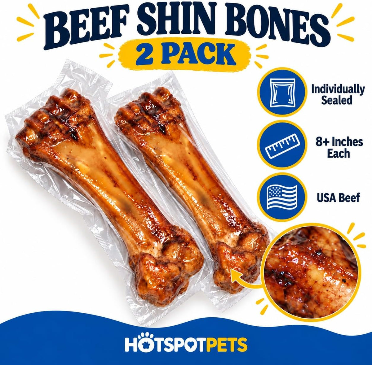 hotspot pets Meaty Beef Shin Bone Dog Treats 8” - Made in USA - 2 Count