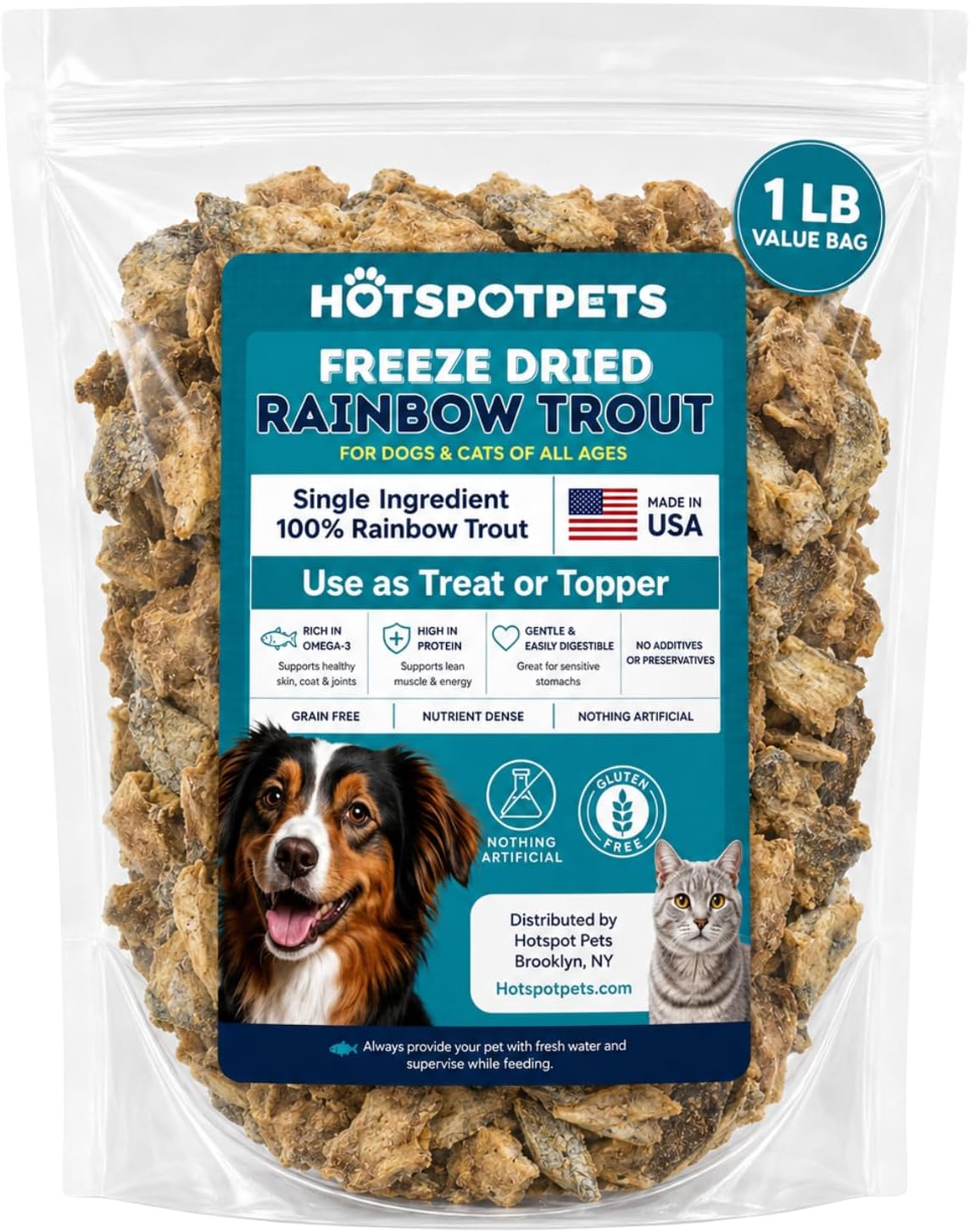 hotspot pets Freeze Dried Rainbow Trout Treats for Cats &amp; Dogs - Made in USA (1 Pound Value Bag) Single Ingredient, High Protein, All Natural, Grain-Free - Perfect for Training, Topper or Snack