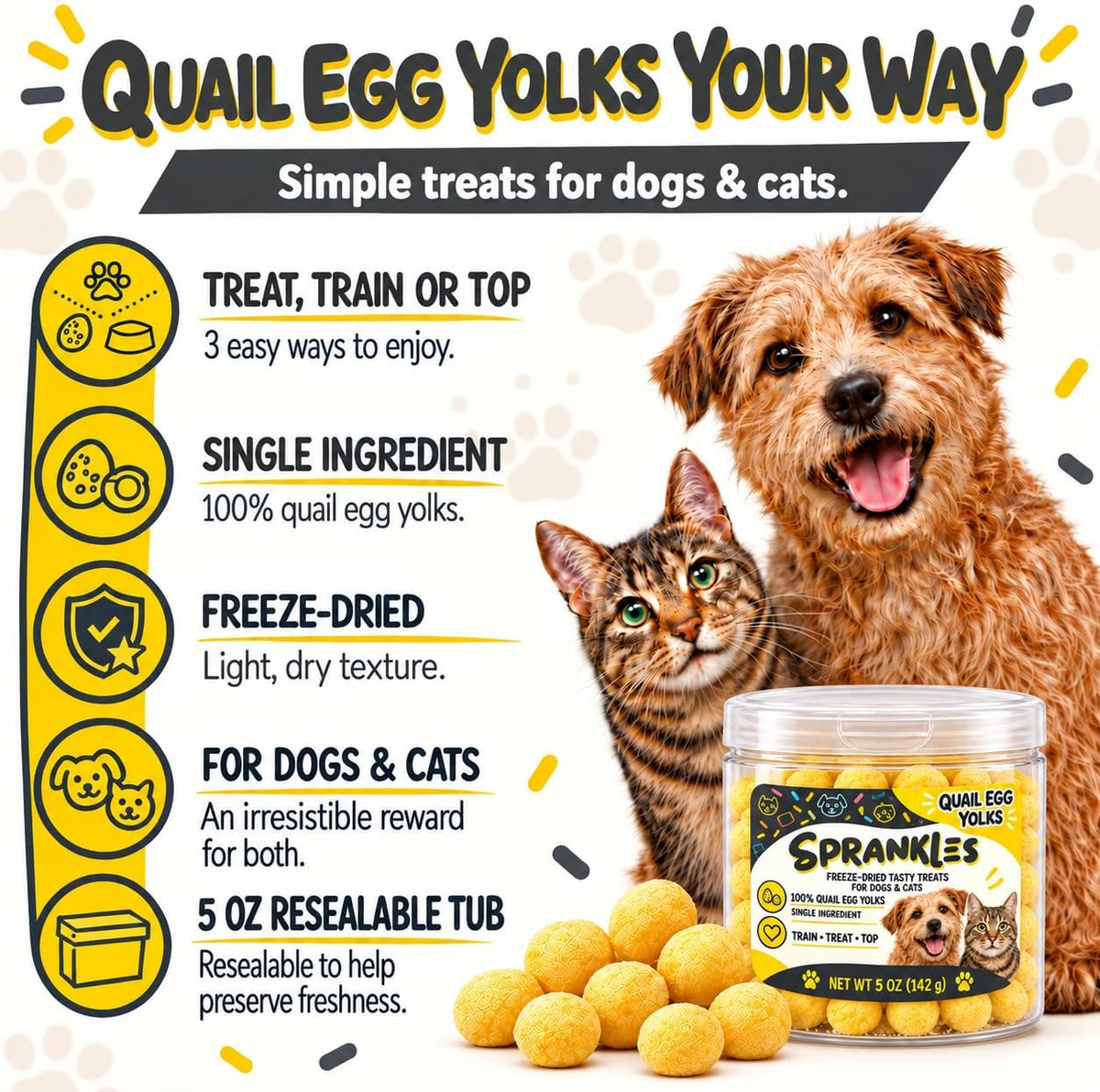 Freeze Dried Dog &amp; Cat Treats, Quail Egg Yolk, Single Ingredient - 5 OZ