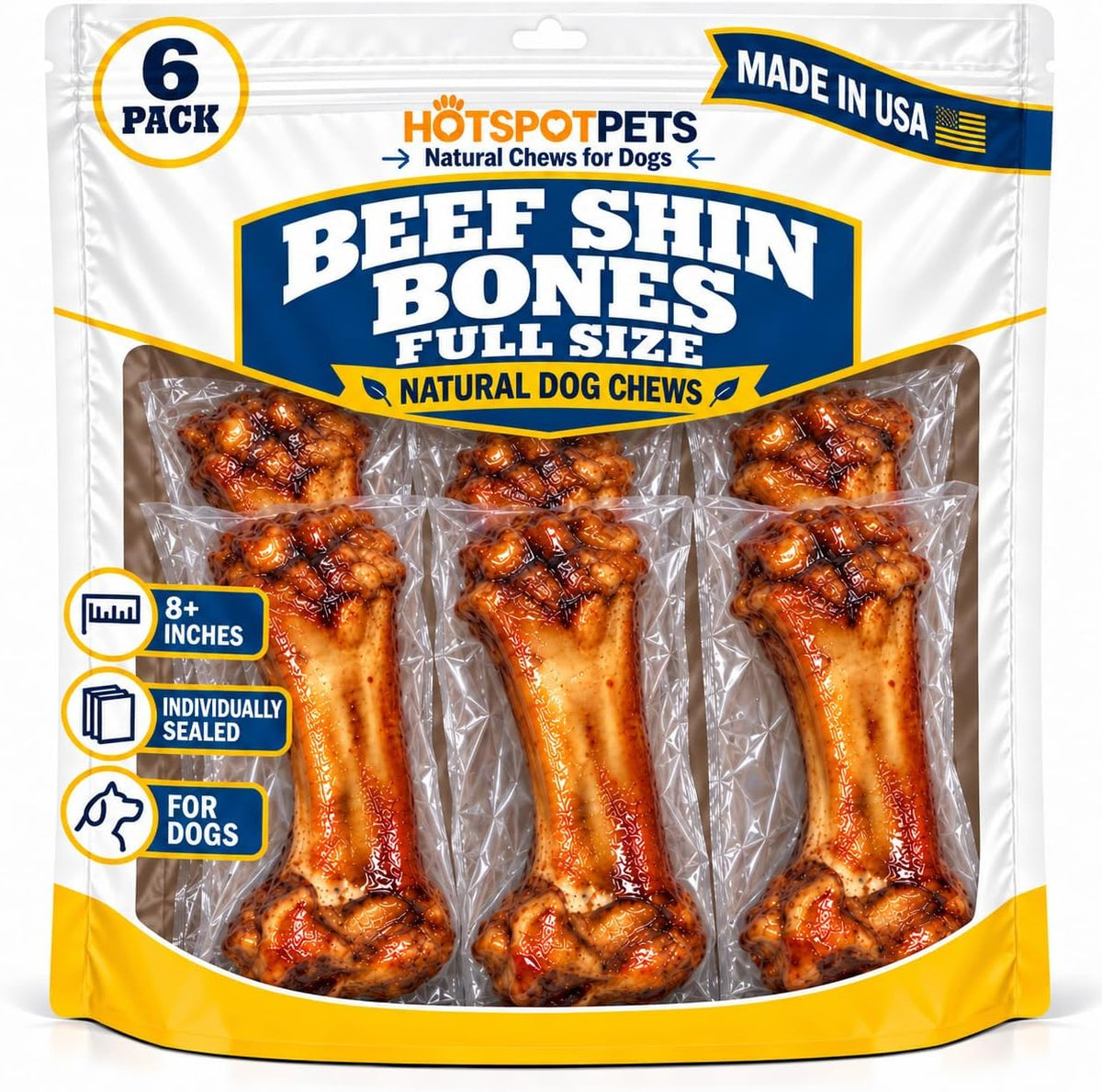 hotspot pets Meaty Beef Shin Bone Dog Treats 8” - Made in USA - 2 Count
