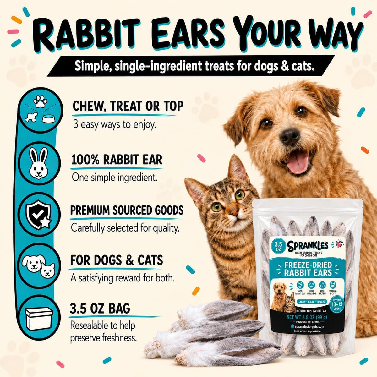 Freeze-Dried Rabbit Ears for Dogs (12-15 Ears) Single-Ingredient Treats, Rawhide-Free Natural Dog Chews with Fur – Novel Protein, Grain-Free, No Additives