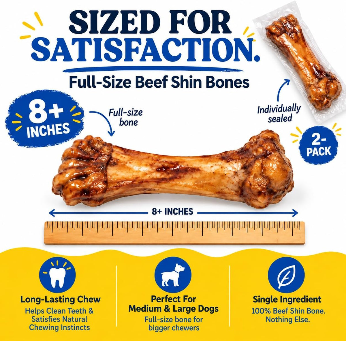 hotspot pets Meaty Beef Shin Bone Dog Treats 8” - Made in USA - 2 Count