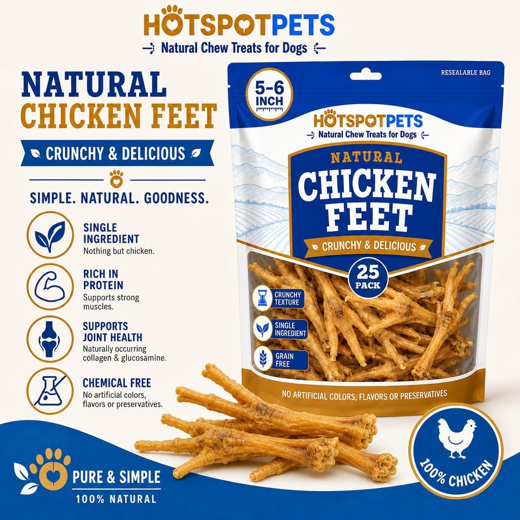 hotspot pets Dehydrated Chicken Feet Dog Treats (25 Count) Single Ingredient Dog Chews, All Natural Long Lasting Snack Sticks for Small &amp; Large Dogs