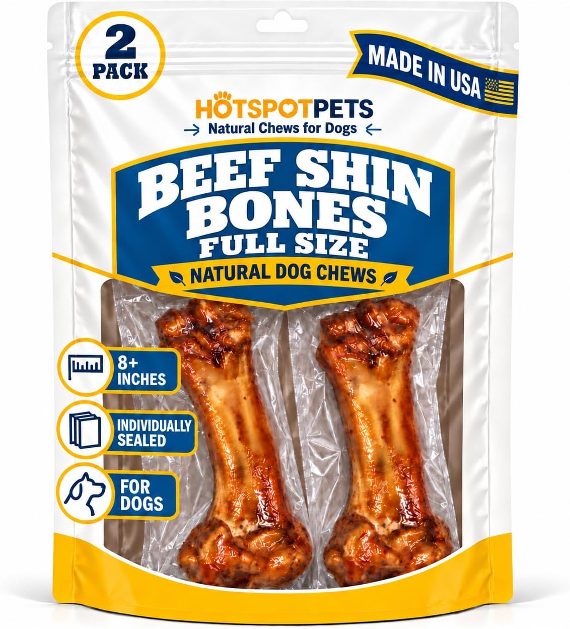 hotspot pets Meaty Beef Shin Bone Dog Treats 8” - Made in USA - 2 Count