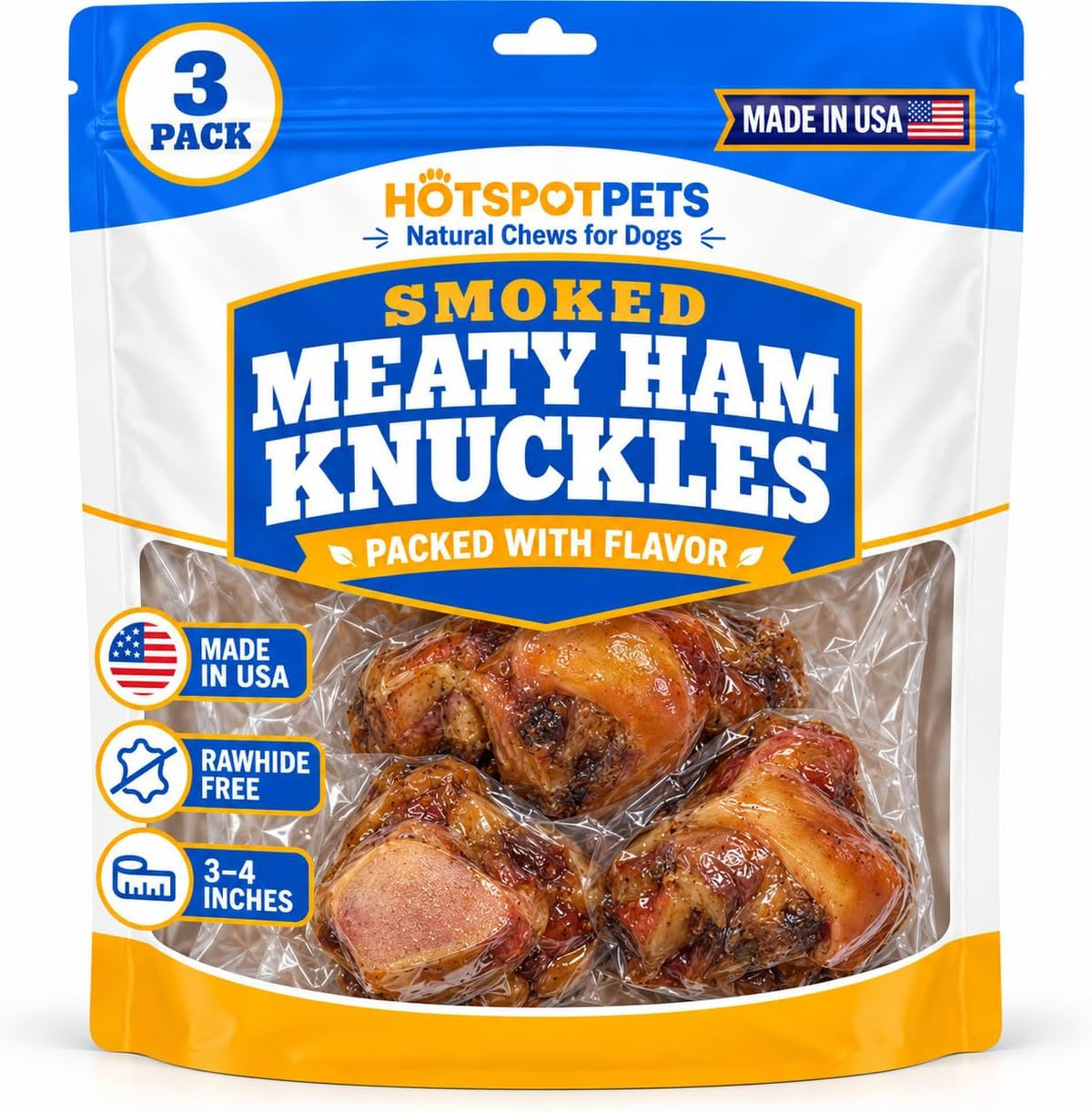 hotspot pets Smoked Ham Knuckles Bone Dog Treat, Made in USA - 3 Pack