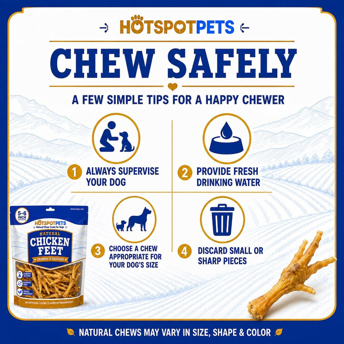 hotspot pets Dehydrated Chicken Feet Dog Treats (25 Count) Single Ingredient Dog Chews, All Natural Long Lasting Snack Sticks for Small &amp; Large Dogs