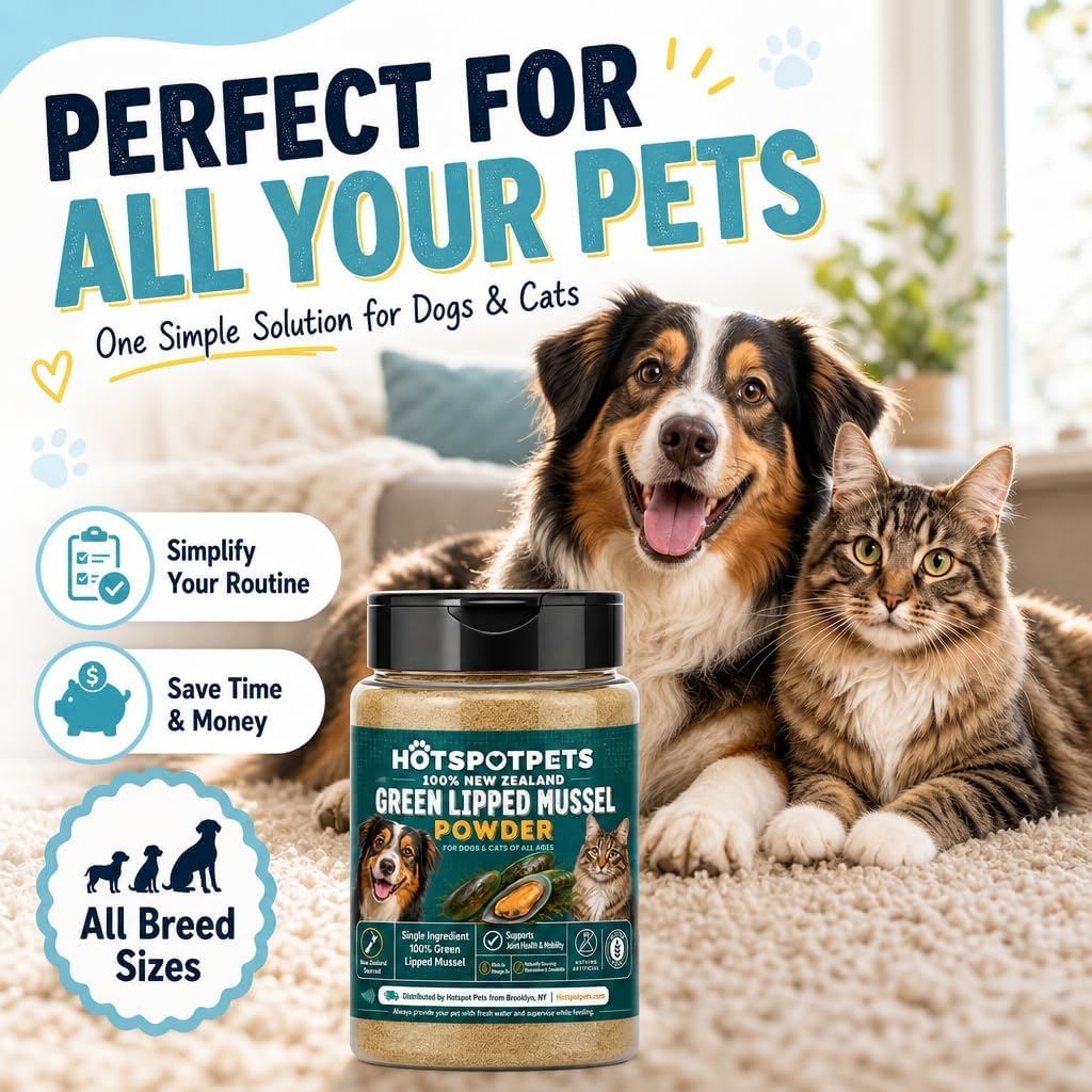 Green Lipped Mussel for Dogs and Cats, 75 Grams (250 Servings) 100% New Zealand Green Lipped Mussels for Hip &amp; Joints, Helps with Arthritis, Joint Pain Relief