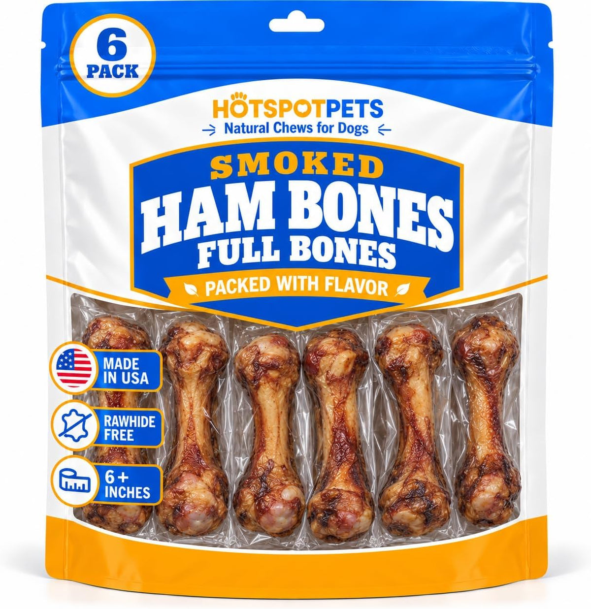 hotspot pets All Natural Pork Femur Bones for Dogs (6''- 8'') Made in USA